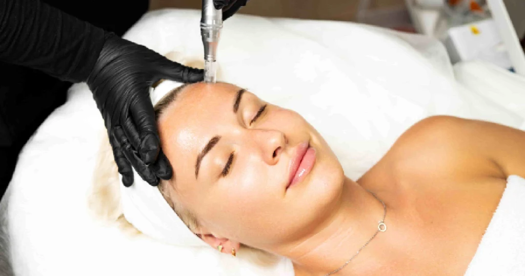 A female patient relaxes with eyes closed while a professional performs Microneedling in Webster, TX on her forehead, her head wrapped in a white towel.