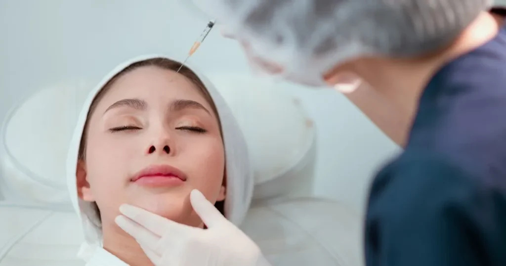 Woman receiving a facial injection with a fine needle to reduce expression lines and compare Botox vs. Xeomin effects.